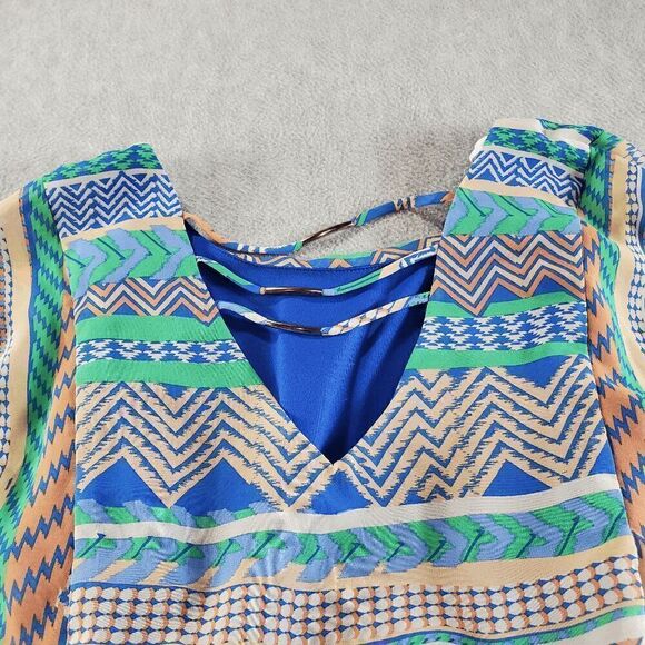 City Triangles Dress Women Small Blue Aztec Print Front Belted Round Neck Mini - Picture 9 of 11